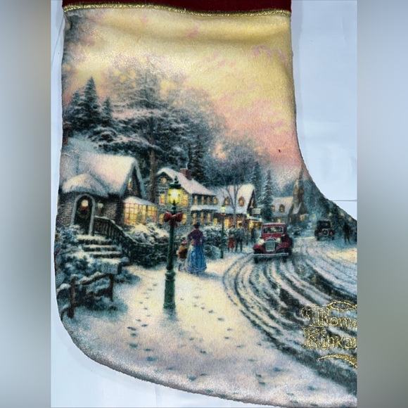 THOMAS KINKADE Village Christmas Fur Stocking Gold Embroidery 15"  Satin lining - Picture 13 of 15